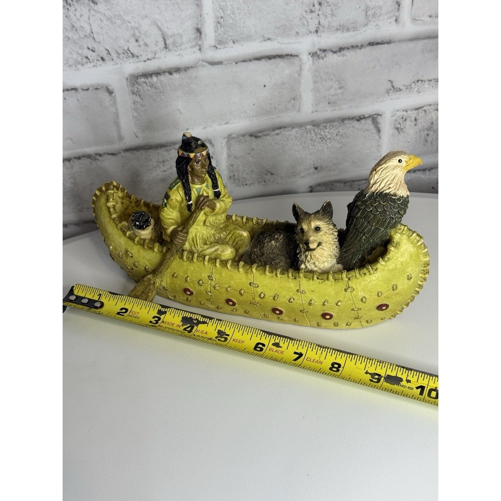 Native American Indian In Canoe Wolf And Bald Eagle Resin Sculpture Young's - Picture 5 of 7